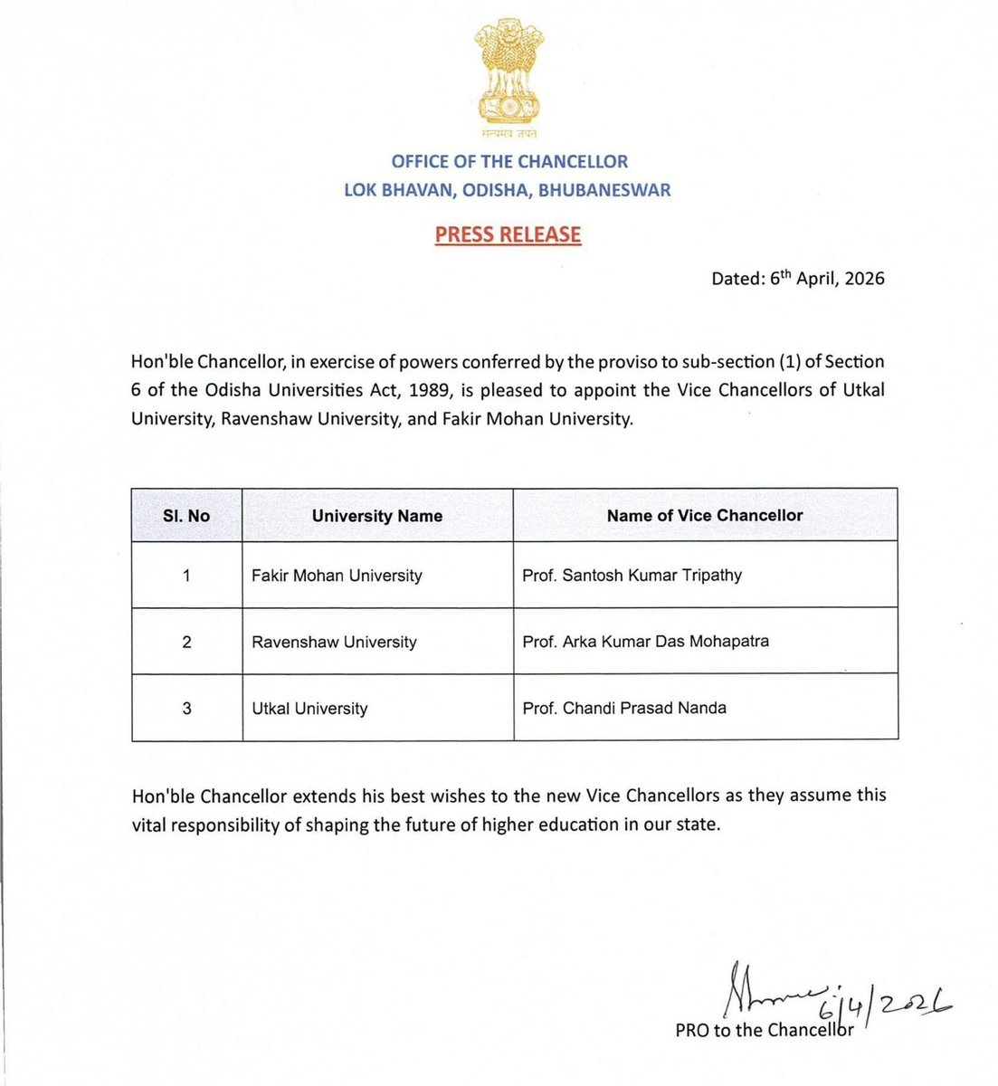 Guv appoints VCs for Utkal, Ravenshaw and Fakir Mohan Universities