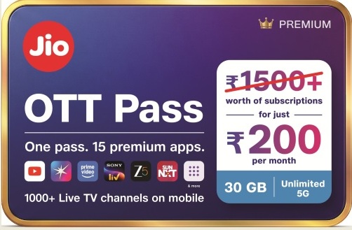 Jio introduces ₹200 OTT Pass offering 15 premium platforms, 1,000+ live TV channels and unlimited 5G
